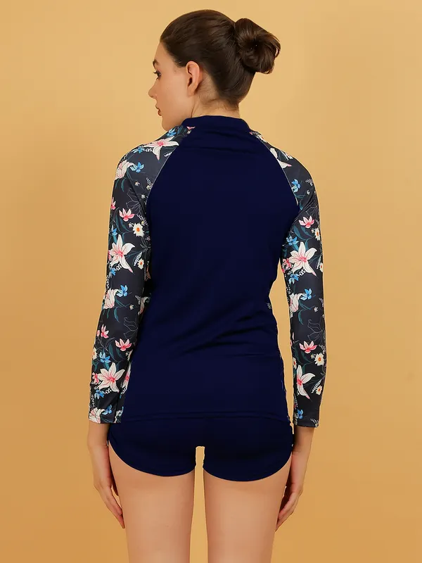 Navy_3_Piece_Zipper_Rash_Guard_T-Shirt_Swimsuits_With_Tank_Bikini_Top_&_High_Waist_Boyshort_For_Women_&_Girls
