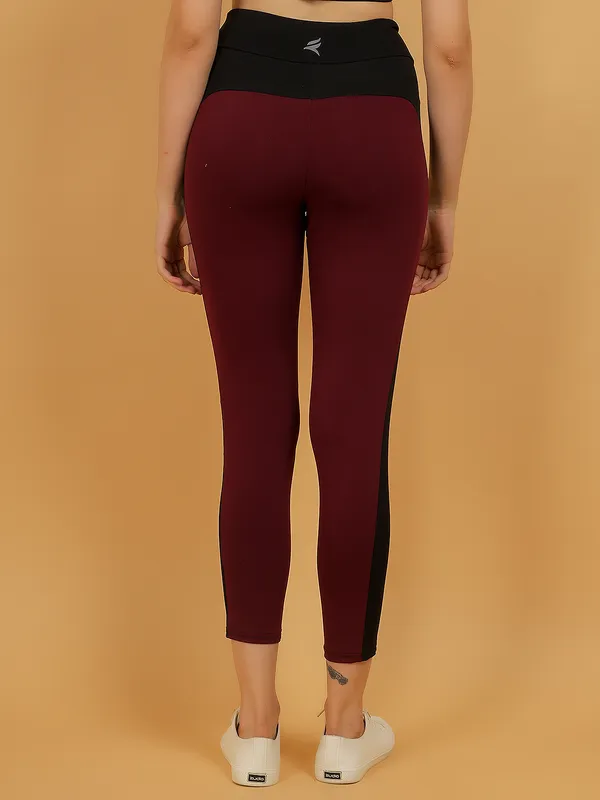 Wine_&_Black_Dry_Fit_Bold_Color_Stripe_Athletics_Workout_Sports_Leggings_Tights_For_Women_&_Girls