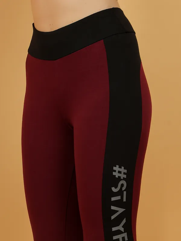 Wine_&_Black_Dry_Fit_Bold_Color_Stripe_Athletics_Workout_Sports_Leggings_Tights_For_Women_&_Girls