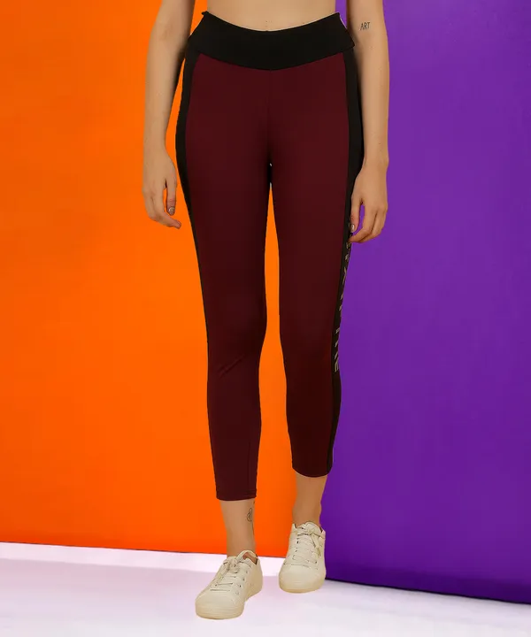 Wine_&_Black_Dry_Fit_Bold_Color_Stripe_Athletics_Workout_Sports_Leggings_Tights_For_Women_&_Girls