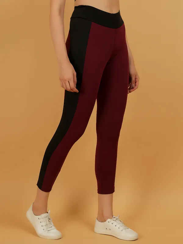 Wine_&_Black_Dry_Fit_Bold_Color_Stripe_Athletics_Workout_Sports_Leggings_Tights_For_Women_&_Girls