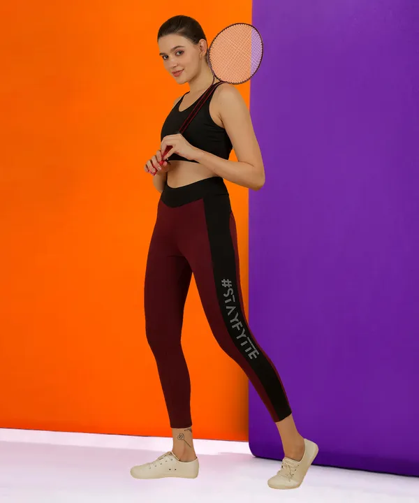 Wine_&_Black_Dry_Fit_Bold_Color_Stripe_Athletics_Workout_Sports_Leggings_Tights_For_Women_&_Girls