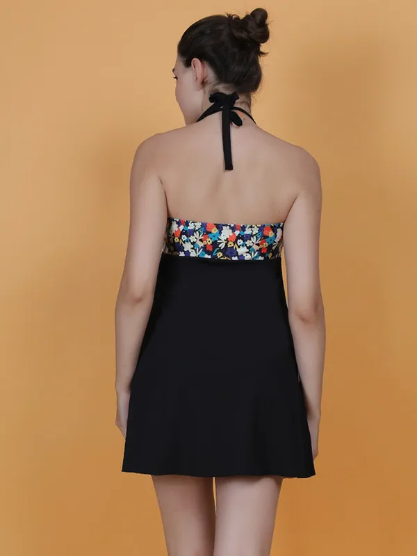 Black_Halter_Neck_Bust_Printed_Frock_Style_Attached_Short_One_Piece_Swimdress_For_Women_&_Girls