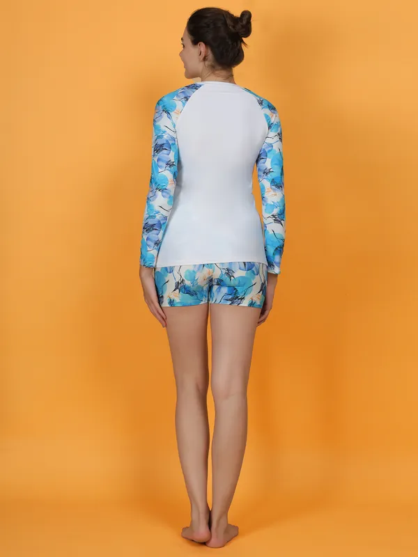 Blue_&_White_T-Shirt_With_Boyshorts_Bottoms_Bathing_Suits_For_Women_&_Girls