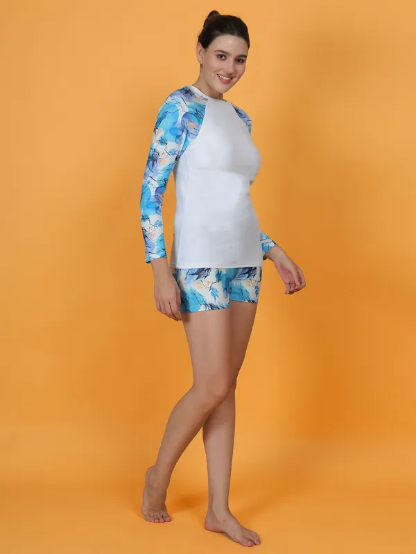 Blue_&_White_T-Shirt_With_Boyshorts_Bottoms_Bathing_Suits_For_Women_&_Girls