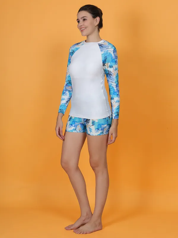 Blue_&_White_T-Shirt_With_Boyshorts_Bottoms_Bathing_Suits_For_Women_&_Girls