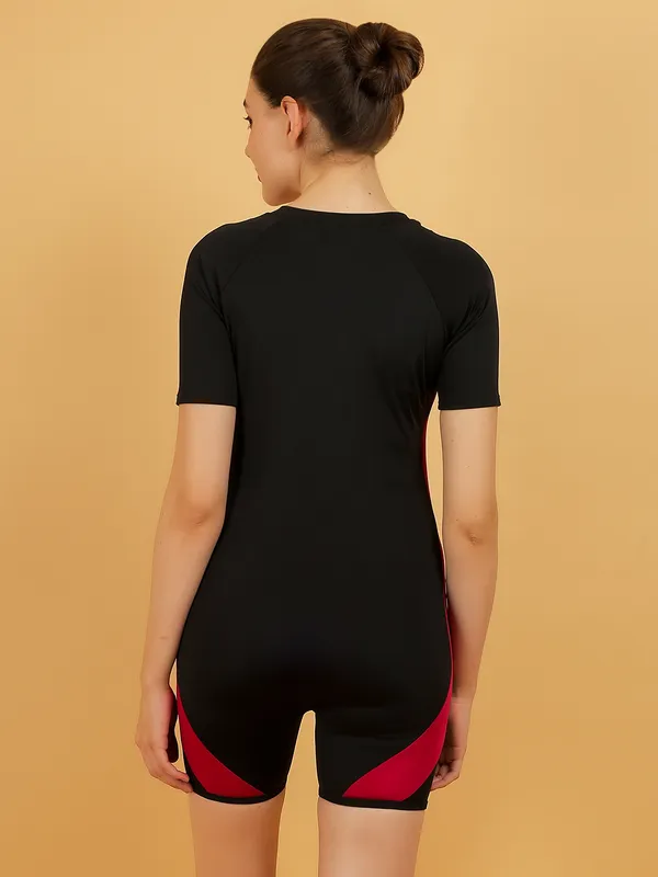 Black_&_Pink_One_Piece_Zipper_Surfing_Rash_Guard_Short_Sleeve_Tummy_Control_Bathing_Suit_For_Women_&_Girls