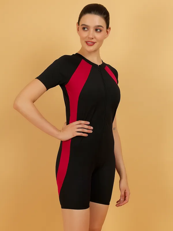 Black_&_Pink_One_Piece_Zipper_Surfing_Rash_Guard_Short_Sleeve_Tummy_Control_Bathing_Suit_For_Women_&_Girls
