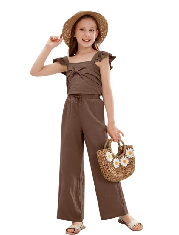 BLOOD_PANTHER_Girl’s_Stylish_Ruffle_Sleeve_Jumpsuit_|_Soft_Fabric_Wide-Leg_Outfit_with_Front_Tie_Detail_|_Trendy_Summer_Wear_for_Kids_|_Casual_&_Holiday_Clothing