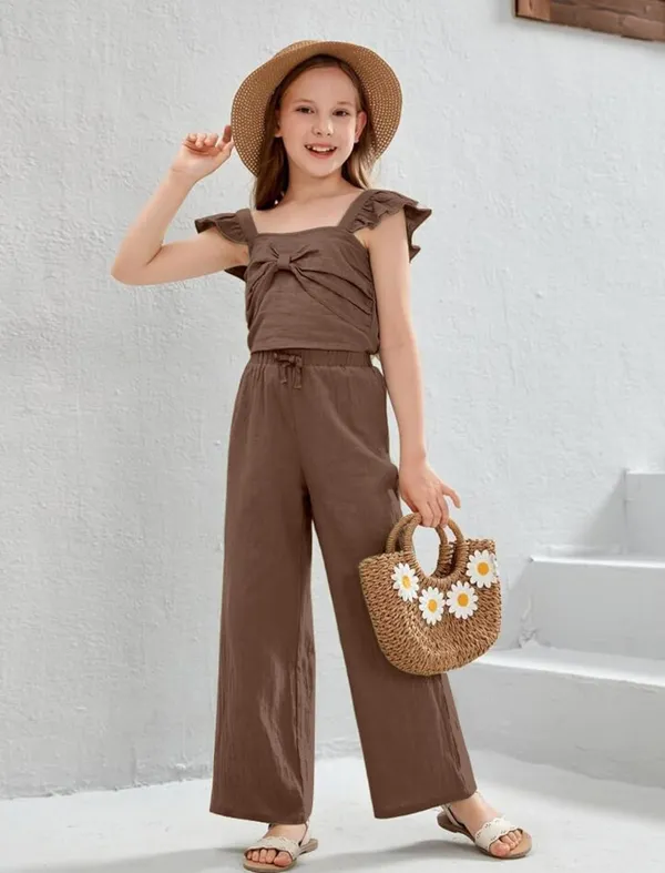 BLOOD_PANTHER_Girl’s_Stylish_Ruffle_Sleeve_Jumpsuit_|_Soft_Fabric_Wide-Leg_Outfit_with_Front_Tie_Detail_|_Trendy_Summer_Wear_for_Kids_|_Casual_&_Holiday_Clothing
