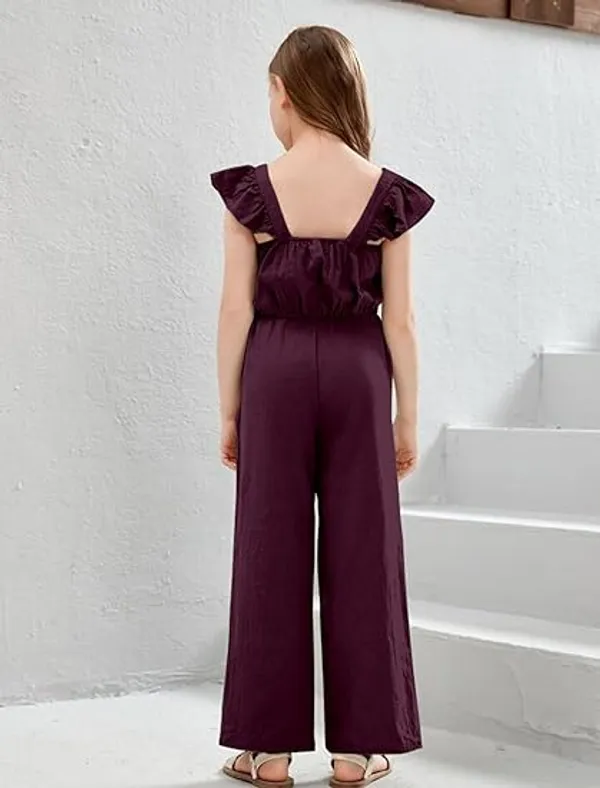BLOOD_PANTHER_Girl’s_Stylish_Ruffle_Sleeve_Jumpsuit_|_Soft_Fabric_Wide-Leg_Outfit_with_Front_Tie_Detail_|_Trendy_Summer_Wear_for_Kids_|_Casual_&_Holiday_Clothing