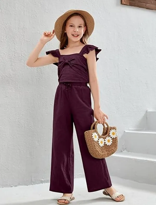 BLOOD_PANTHER_Girl’s_Stylish_Ruffle_Sleeve_Jumpsuit_|_Soft_Fabric_Wide-Leg_Outfit_with_Front_Tie_Detail_|_Trendy_Summer_Wear_for_Kids_|_Casual_&_Holiday_Clothing