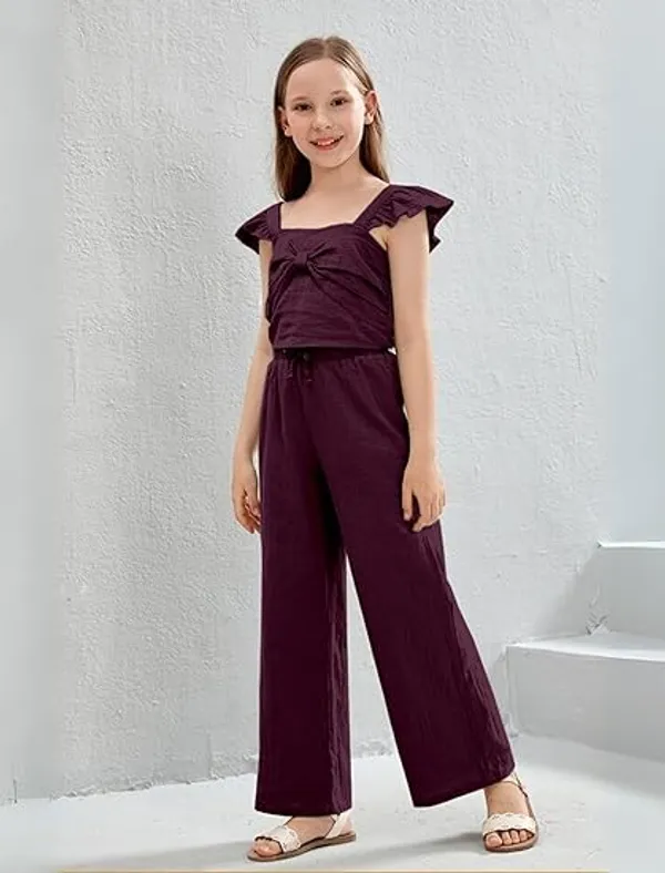 BLOOD_PANTHER_Girl’s_Stylish_Ruffle_Sleeve_Jumpsuit_|_Soft_Fabric_Wide-Leg_Outfit_with_Front_Tie_Detail_|_Trendy_Summer_Wear_for_Kids_|_Casual_&_Holiday_Clothing