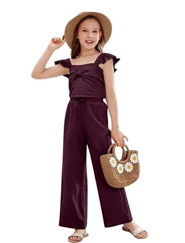 BLOOD_PANTHER_Girl’s_Stylish_Ruffle_Sleeve_Jumpsuit_|_Soft_Fabric_Wide-Leg_Outfit_with_Front_Tie_Detail_|_Trendy_Summer_Wear_for_Kids_|_Casual_&_Holiday_Clothing