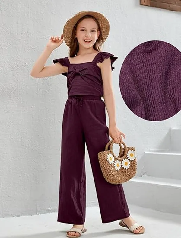 BLOOD_PANTHER_Girl’s_Stylish_Ruffle_Sleeve_Jumpsuit_|_Soft_Fabric_Wide-Leg_Outfit_with_Front_Tie_Detail_|_Trendy_Summer_Wear_for_Kids_|_Casual_&_Holiday_Clothing