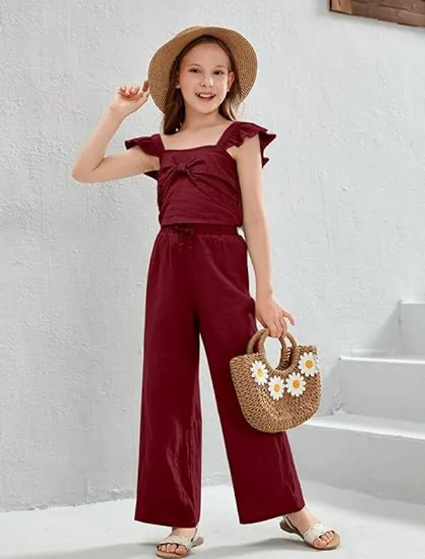 BLOOD_PANTHER_Girl’s_Stylish_Ruffle_Sleeve_Jumpsuit_|_Soft_Fabric_Wide-Leg_Outfit_with_Front_Tie_Detail_|_Trendy_Summer_Wear_for_Kids_|_Casual_&_Holiday_Clothing