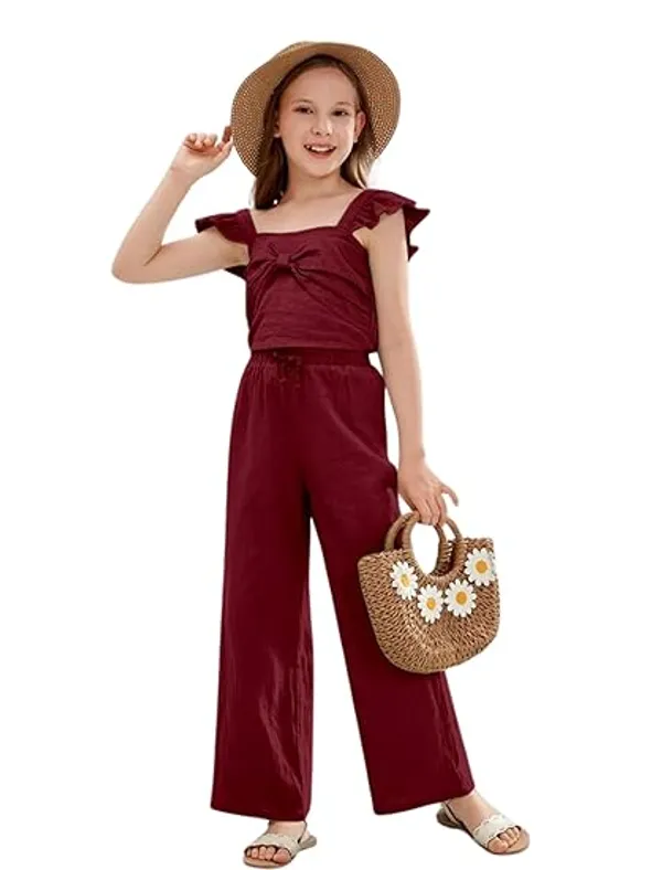 BLOOD_PANTHER_Girl’s_Stylish_Ruffle_Sleeve_Jumpsuit_|_Soft_Fabric_Wide-Leg_Outfit_with_Front_Tie_Detail_|_Trendy_Summer_Wear_for_Kids_|_Casual_&_Holiday_Clothing