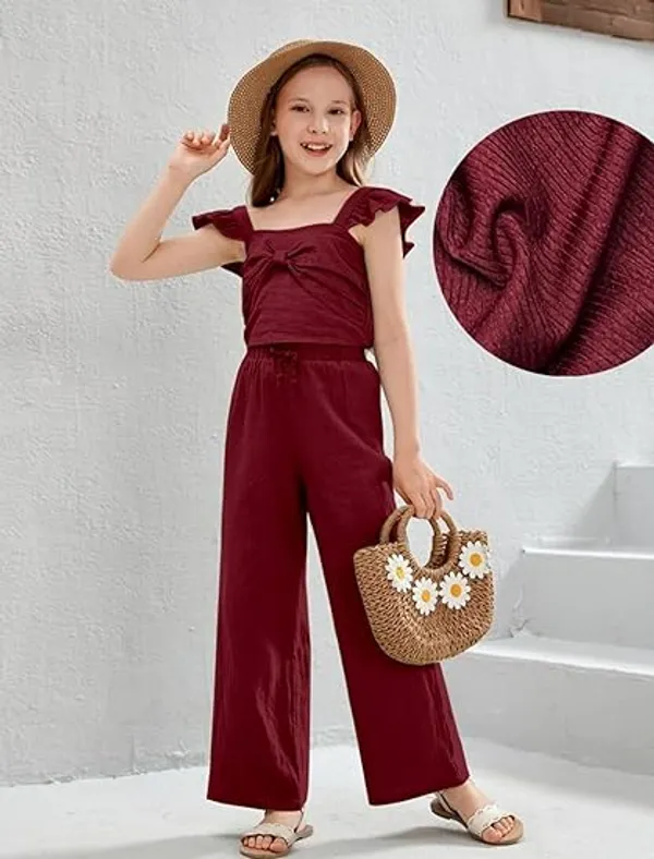 BLOOD_PANTHER_Girl’s_Stylish_Ruffle_Sleeve_Jumpsuit_|_Soft_Fabric_Wide-Leg_Outfit_with_Front_Tie_Detail_|_Trendy_Summer_Wear_for_Kids_|_Casual_&_Holiday_Clothing