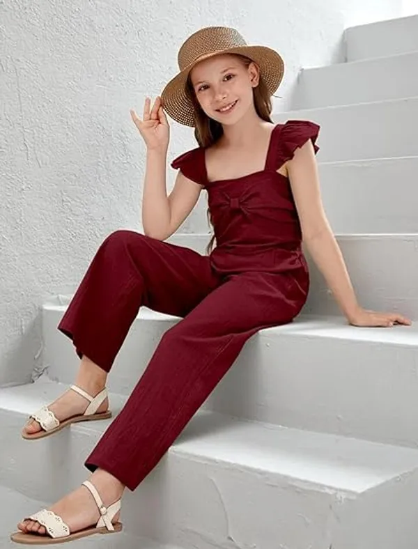 BLOOD_PANTHER_Girl’s_Stylish_Ruffle_Sleeve_Jumpsuit_|_Soft_Fabric_Wide-Leg_Outfit_with_Front_Tie_Detail_|_Trendy_Summer_Wear_for_Kids_|_Casual_&_Holiday_Clothing