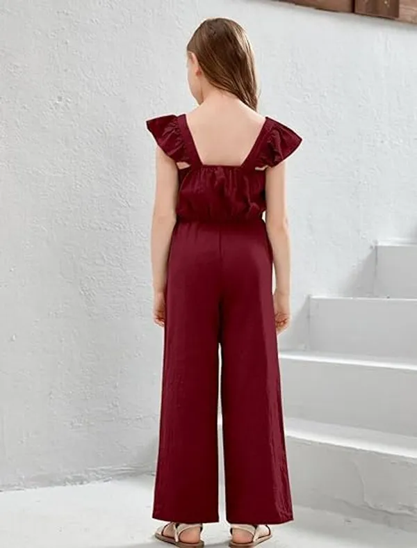 BLOOD_PANTHER_Girl’s_Stylish_Ruffle_Sleeve_Jumpsuit_|_Soft_Fabric_Wide-Leg_Outfit_with_Front_Tie_Detail_|_Trendy_Summer_Wear_for_Kids_|_Casual_&_Holiday_Clothing