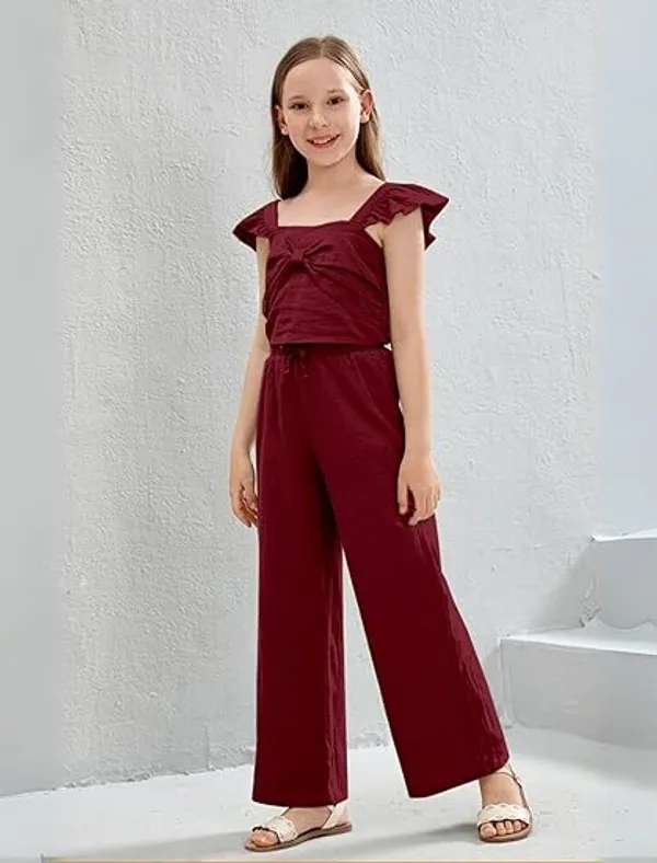 BLOOD_PANTHER_Girl’s_Stylish_Ruffle_Sleeve_Jumpsuit_|_Soft_Fabric_Wide-Leg_Outfit_with_Front_Tie_Detail_|_Trendy_Summer_Wear_for_Kids_|_Casual_&_Holiday_Clothing