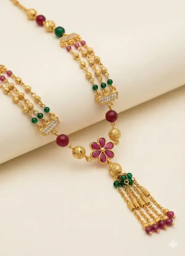 Micro_Gold_Plated_Ruby–Emerald_Floral_Layered_3_Chain_Combo_-_23_Inches