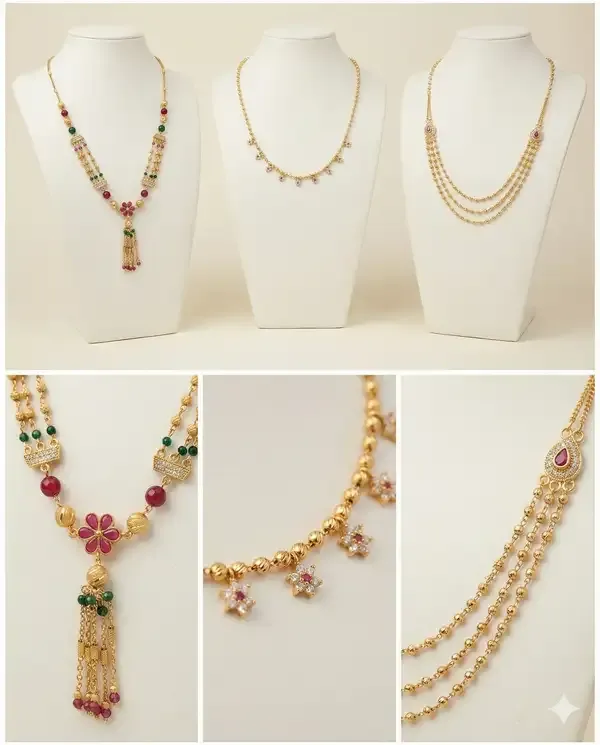 Micro_Gold_Plated_Ruby–Emerald_Floral_Layered_3_Chain_Combo_-_23_Inches