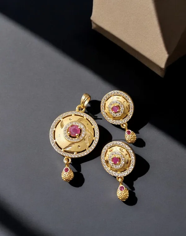High_Gold_Plated_Stunning_American_Diamond_And_Pink_Diamond_Studded_Forming_Designer_Beautiful_Round_Pendant_Set