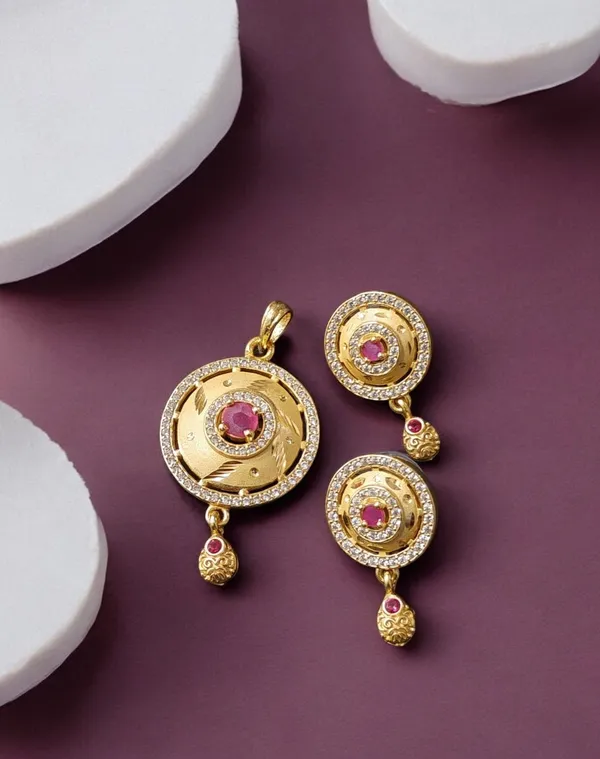 High_Gold_Plated_Stunning_American_Diamond_And_Pink_Diamond_Studded_Forming_Designer_Beautiful_Round_Pendant_Set