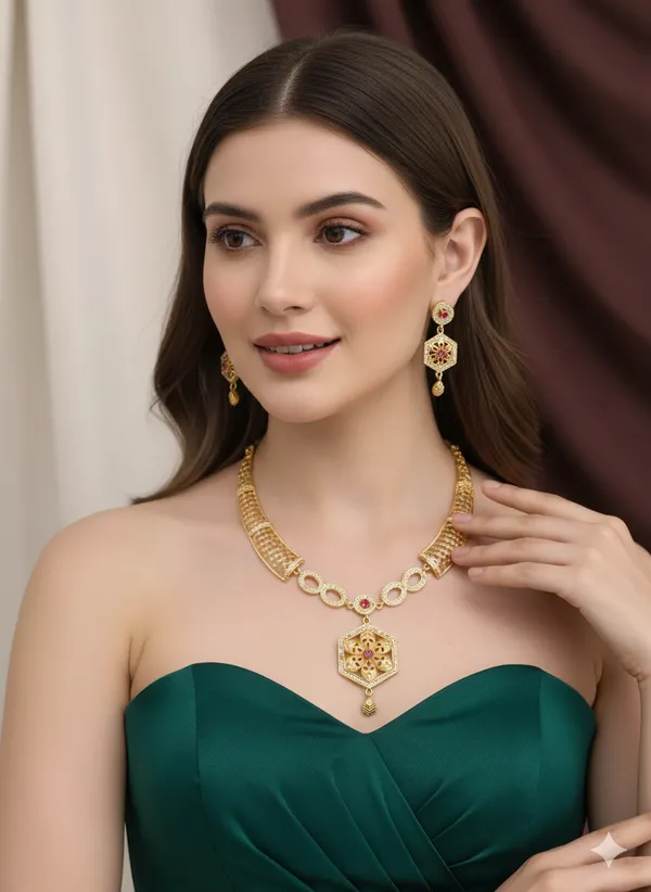 Designer_High_Gold_Plated_And_Diamond_Studded_Fancy_Flower_Necklace_with_Earring