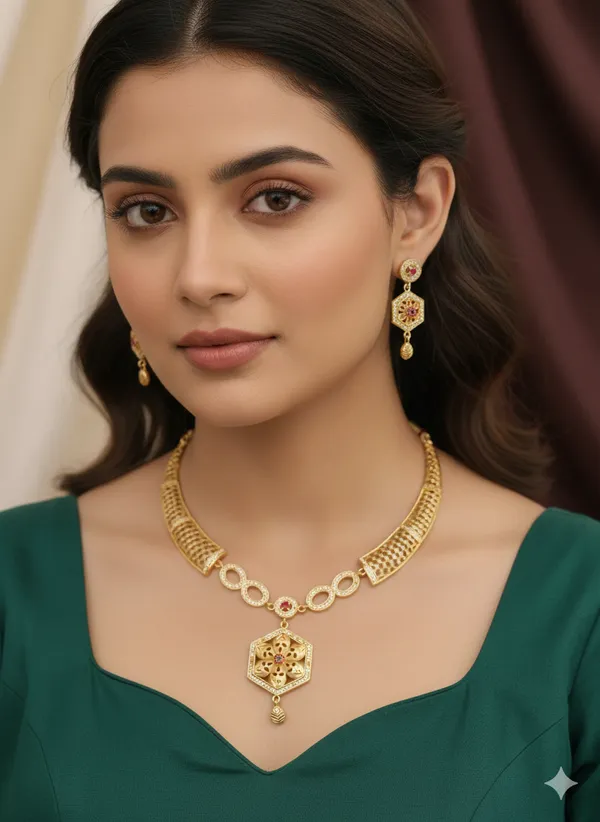 Designer_High_Gold_Plated_And_Diamond_Studded_Fancy_Flower_Necklace_with_Earring