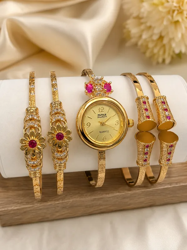 Designer_Gold_Plated_Floral_AD_Stone_Bangles,_Ruby_Stone_Watch_&_Earrings_Combo_Set_for_Women_|_Traditional_Bridal_&_Party_Wear_Jewelry