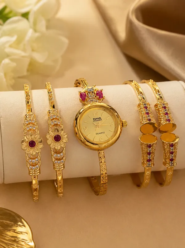 Designer_Gold_Plated_Floral_AD_Stone_Bangles,_Ruby_Stone_Watch_&_Earrings_Combo_Set_for_Women_|_Traditional_Bridal_&_Party_Wear_Jewelry