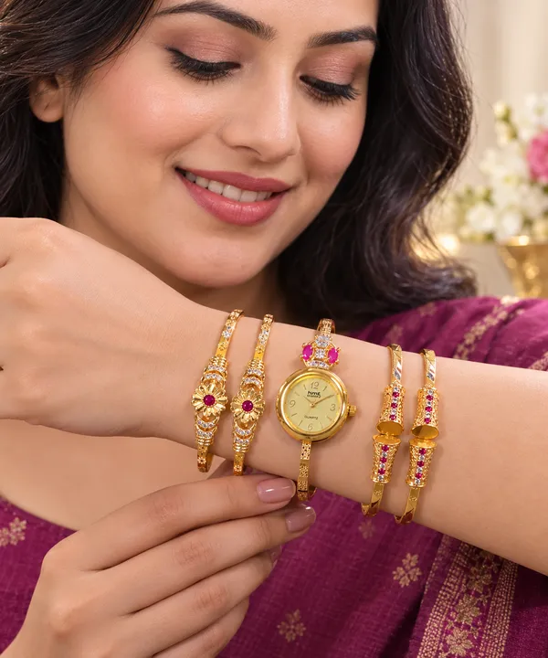 Designer_Gold_Plated_Floral_AD_Stone_Bangles,_Ruby_Stone_Watch_&_Earrings_Combo_Set_for_Women_|_Traditional_Bridal_&_Party_Wear_Jewelry