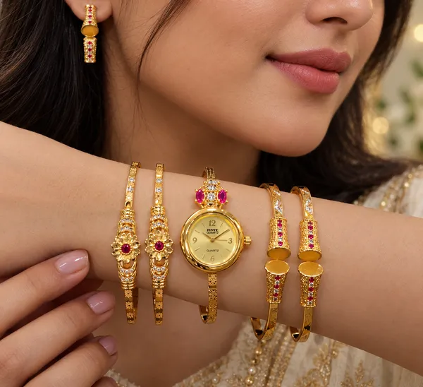 Designer_Gold_Plated_Floral_AD_Stone_Bangles,_Ruby_Stone_Watch_&_Earrings_Combo_Set_for_Women_|_Traditional_Bridal_&_Party_Wear_Jewelry