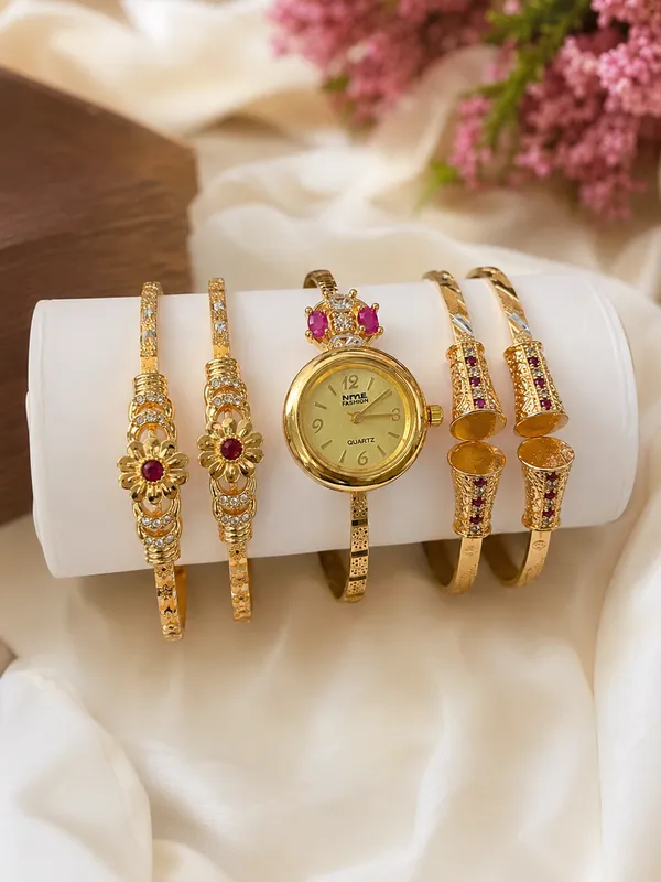 Designer_Gold_Plated_Floral_AD_Stone_Bangles,_Ruby_Stone_Watch_&_Earrings_Combo_Set_for_Women_|_Traditional_Bridal_&_Party_Wear_Jewelry