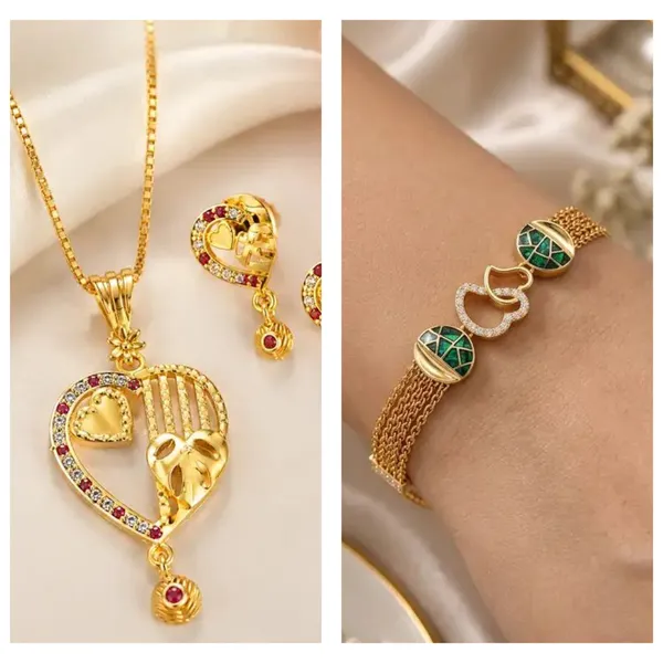 Designer_Gold_Plated_Heart_Pendant_Necklace,_Earrings_&_Green_Stone_Chain_Bracelet_Combo_Set