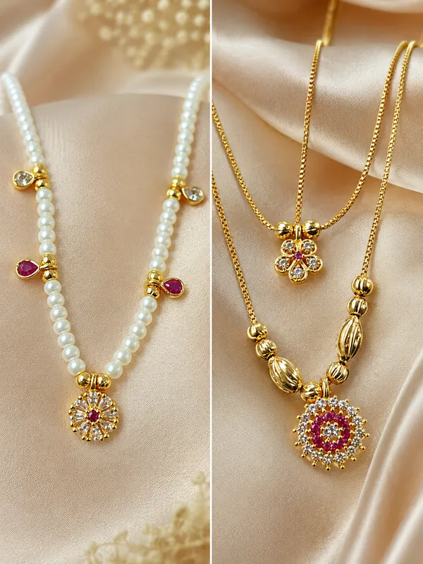 Designer_Gold_Plated_Pearl_&_Ruby_Stone_Studded_Necklace_Combo_Set_for_Women_–_Elegant_Floral_Pendant_Necklace_&_Layered_Designer_Necklace