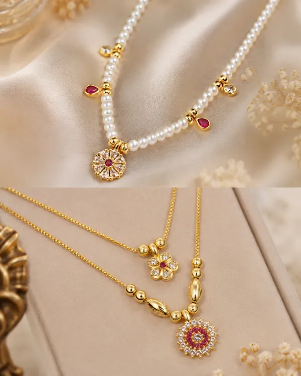 Designer_Gold_Plated_Pearl_&_Ruby_Stone_Studded_Necklace_Combo_Set_for_Women_–_Elegant_Floral_Pendant_Necklace_&_Layered_Designer_Necklace