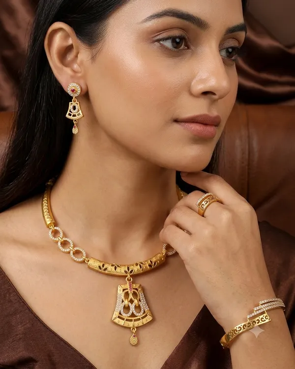 Designer_Micro_Gold_Plated_AD_Diamond_Studded_Traditional_Pendant_Set_with_Adjustable_Bracelet_&_Ring_Combo