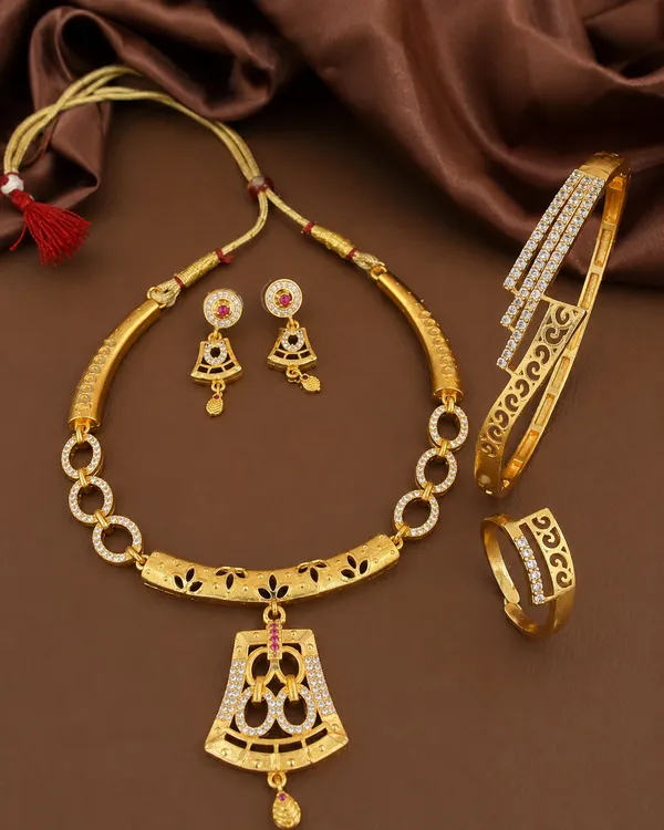 Designer_Micro_Gold_Plated_AD_Diamond_Studded_Traditional_Pendant_Set_with_Adjustable_Bracelet_&_Ring_Combo