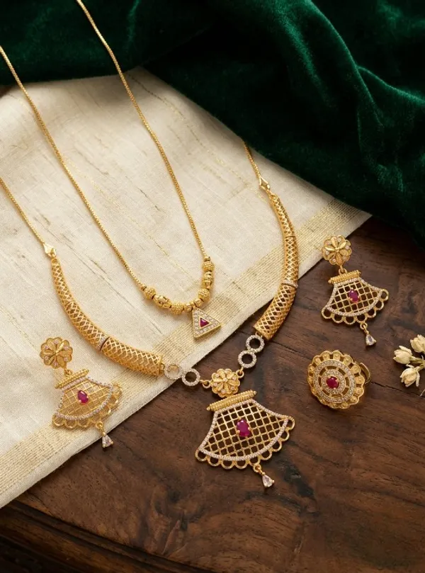 Designer_Micro_Gold_Plated_Ruby_&_AD_Diamond_Studded_Traditional_Necklace_Set_with_Matching_Earrings,_Triangle_Pendant_Chain_&_Adjustable_Ring_Combo_for_Women