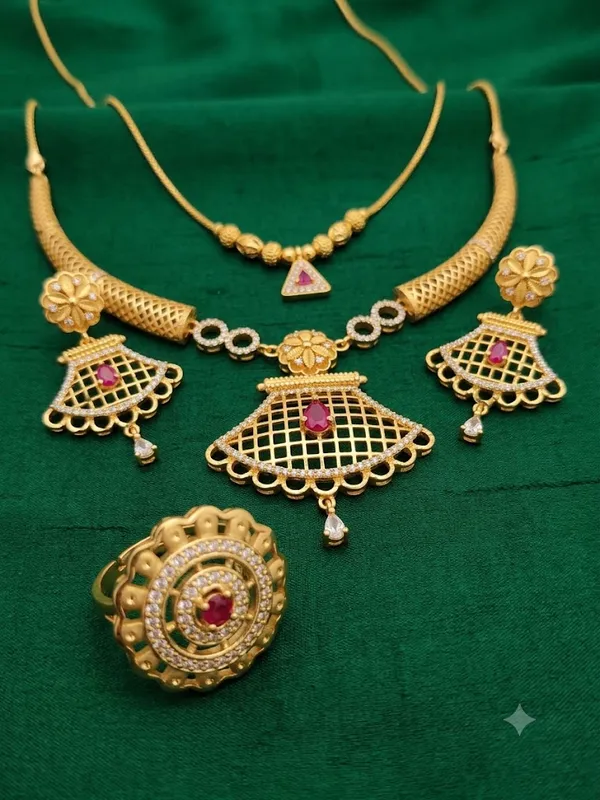 Designer_Micro_Gold_Plated_Ruby_&_AD_Diamond_Studded_Traditional_Necklace_Set_with_Matching_Earrings,_Triangle_Pendant_Chain_&_Adjustable_Ring_Combo_for_Women