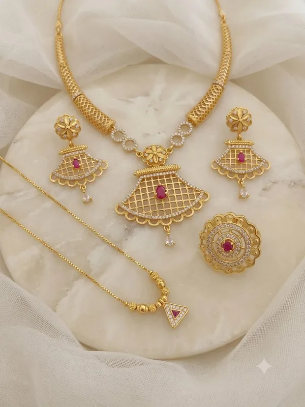 Designer_Micro_Gold_Plated_Ruby_&_AD_Diamond_Studded_Traditional_Necklace_Set_with_Matching_Earrings,_Triangle_Pendant_Chain_&_Adjustable_Ring_Combo_for_Women