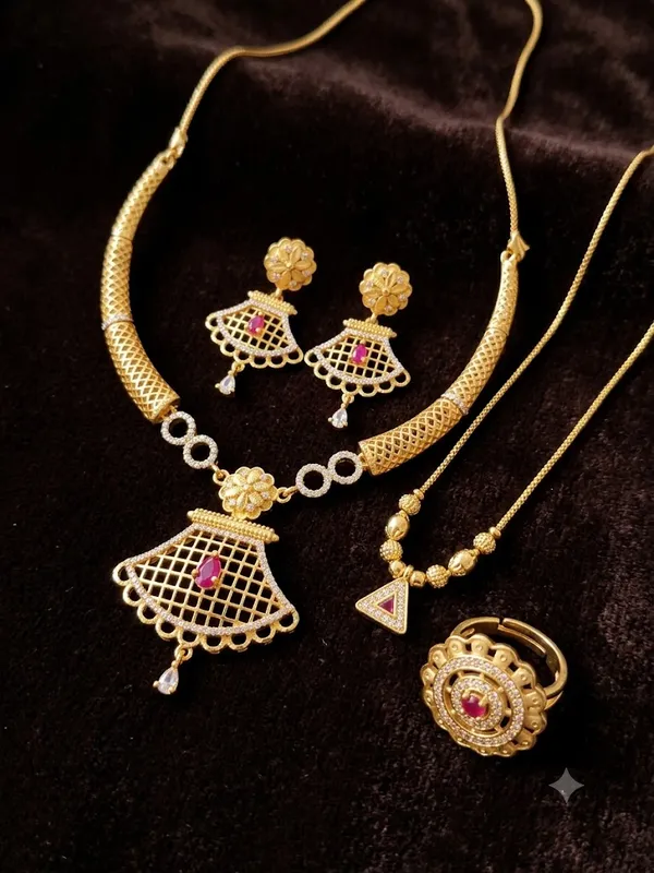 Designer_Micro_Gold_Plated_Ruby_&_AD_Diamond_Studded_Traditional_Necklace_Set_with_Matching_Earrings,_Triangle_Pendant_Chain_&_Adjustable_Ring_Combo_for_Women