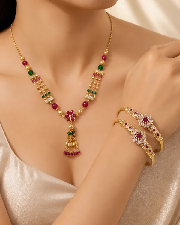 Designer_Micro_Gold_Plated_Ruby_&_Emerald_Beads_Floral_Pendant_Necklace_with_AD_Diamond_Studded_Adjustable_Bangle_Combo_for_Women