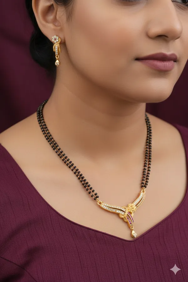 Elegant_Double_Line_Black_Beaded_Mangalsutra_with_AD_Diamond_Pendant_&_Matching_Earrings