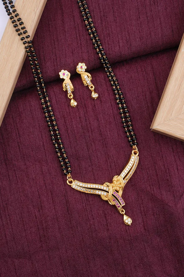 Elegant_Double_Line_Black_Beaded_Mangalsutra_with_AD_Diamond_Pendant_&_Matching_Earrings