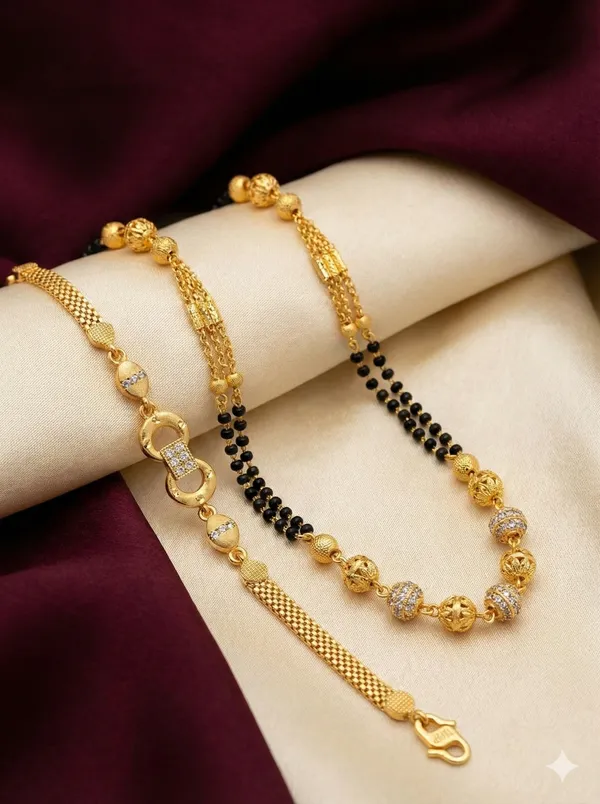 Elegant_Dual_Line_Black_Beaded_Gold-Plated_Mangalsutra_with_Designer_gold__plated_bracelet