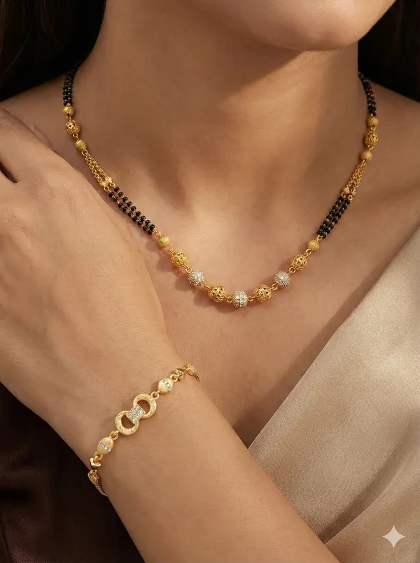Elegant_Dual_Line_Black_Beaded_Gold-Plated_Mangalsutra_with_Designer_gold__plated_bracelet
